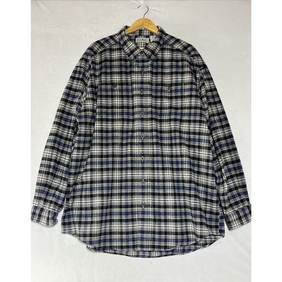 LL Bean Chamois Cloth Shirt Mens XXL Tall Blue Plaid Button Up Casual - Picture 1 of 13